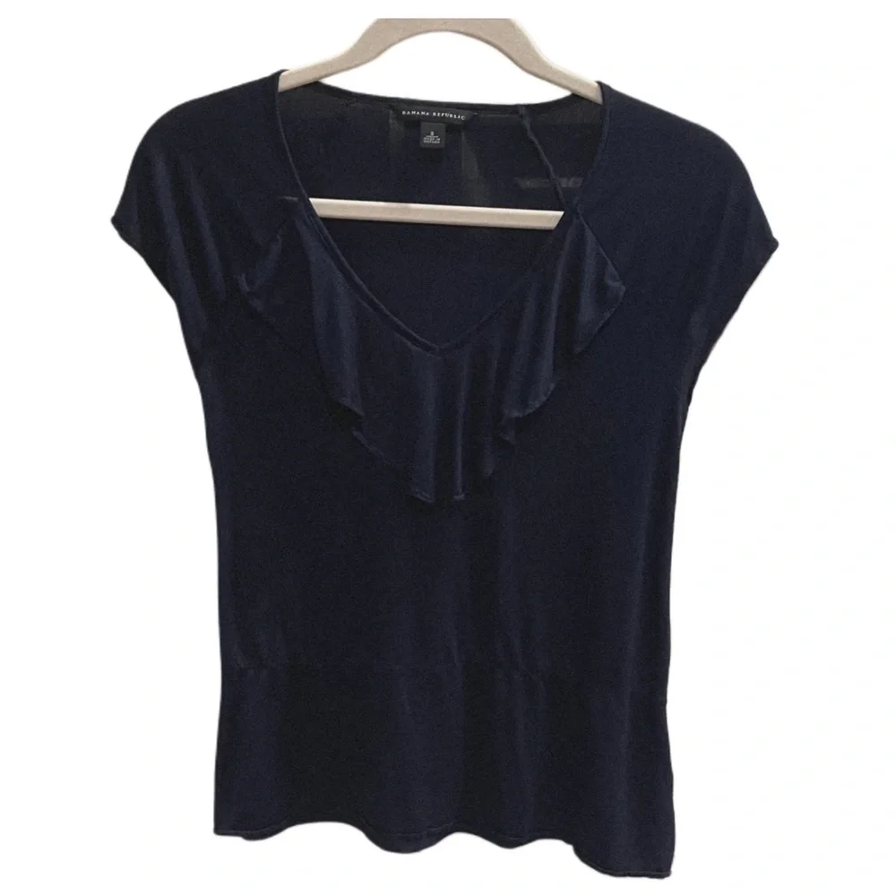 Banana Republic Navy Blue Ruffled Thin Short Sleeve Blouse Size S - Picture 2 of 5